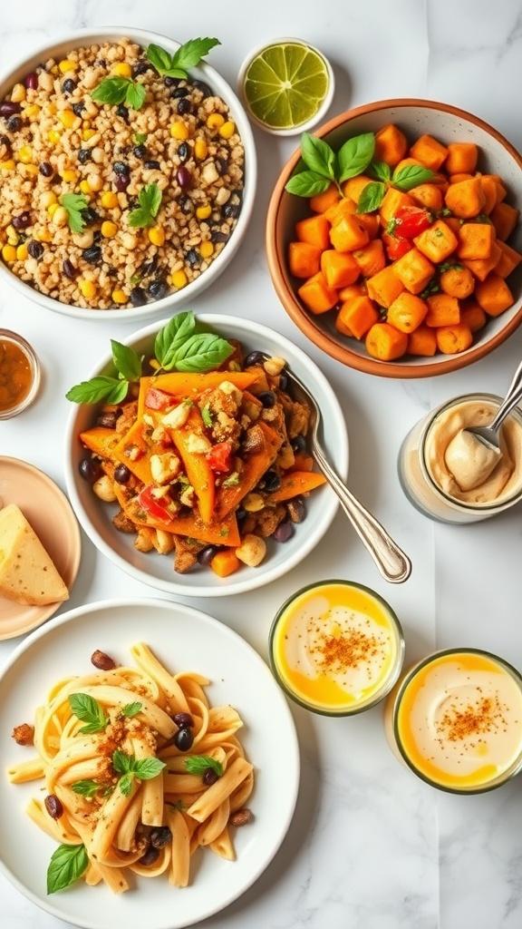 A collection of stunning vegan dishes including quinoa salad, chickpea curry, creamy pasta, and mango chia pudding.